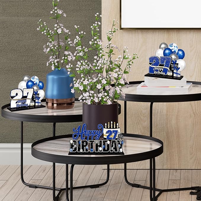 LINGTEER Happy 27th Birthday Blue Acrylic Table Topper Centerpieces Set - Cheers to 27 Years Old Birthday 27th Bday Party Gift Decorations.