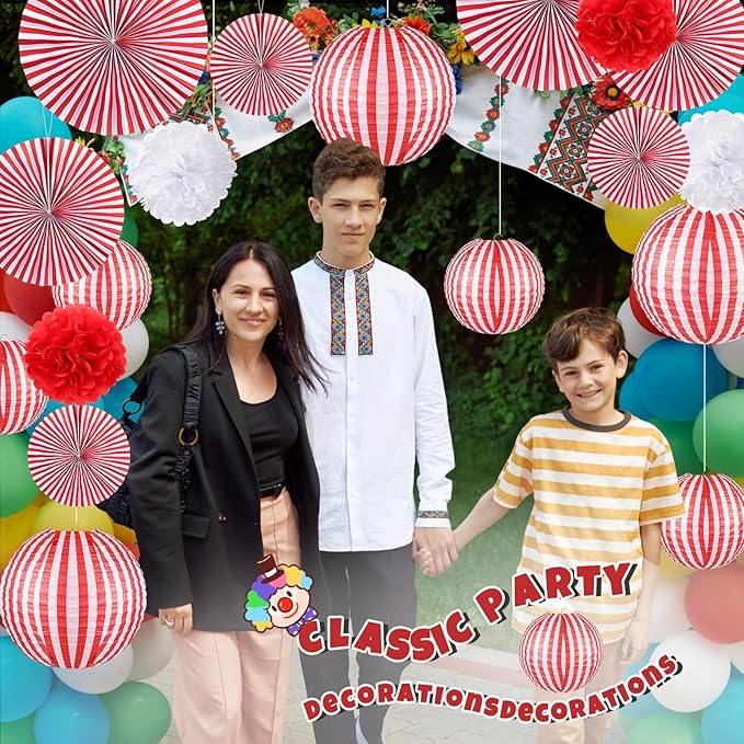 Hortsun 16 Pcs Carnival Circus Party Decorations Red and White Stripes Paper Lanterns Fans Paper Flowers for Carnival Circus Birthday Baby Shower Christmas Halloween Decoration 8/12/16 Inch