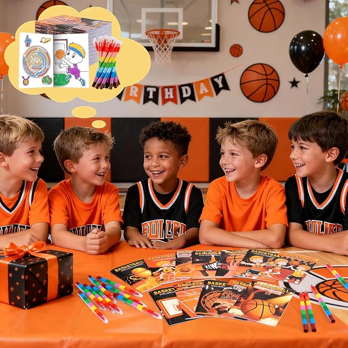 BenLouis 24 Basketball Mini Coloring Books Kids with 24 Stacking Crayons Basketball Party Favors Activity Books Bulk for Kids Sports Goodie Bag Gift Stuffer Classroom Reward
