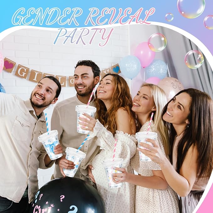 FoldTier 50 Pcs Gender Reveal Cups Gender Reveal Party Supplies 12 oz Party Plastic Cups Boy or Girl Transparent Cup with Lids Straws Blue and Pink Baby Shower Decorations It's a Boy or It's a Girl