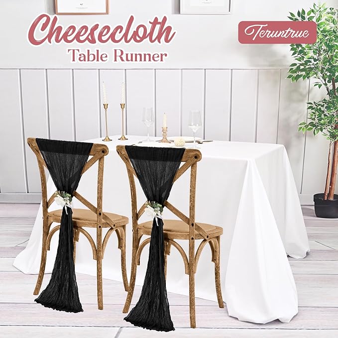 6 Pack Black Table Runner 10FT Long Cheesecloth Table Runner Cheese Cloth Gauze for Wedding Party Birthday Decoration-Black