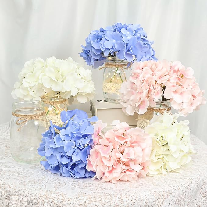 Mason Jar Table Centerpiece Set of 6 With White Hydrangea artificial Flowers for Engagement Party Bridal Shower Centerpieces Wedding Christmas Thanksgiving Party Reception Table Decor
