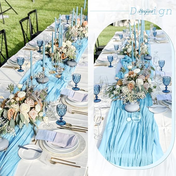 24 Pack Baby Blue Cheesecloth Table Runner 10Ft Boho Gauze Cheese Cloth Table Runner 35x120 Inch Long Rustic Sheer Table Decor for Wedding Decor Arch Draping Valentine's Day Easter Holiday Party