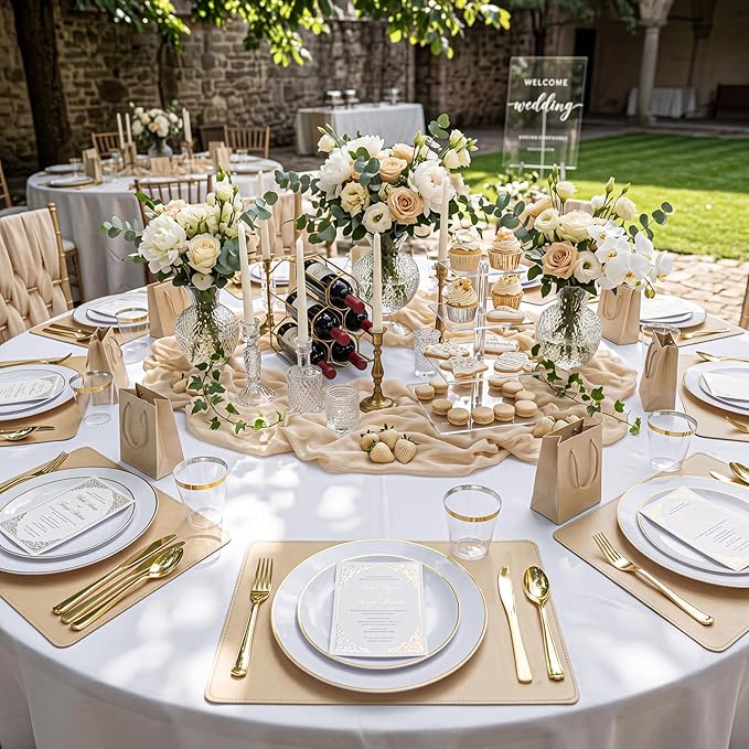 KIRE 350 PCS White and Gold Plates Disposable - Elegant Dinnerware Set of 50 Guest, White Plastic Plates With Gold Rim, Pre Rolled Napkins with Silverware & Cups for Party/Wedding/Mother's Day