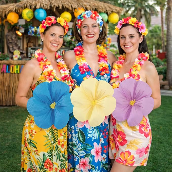Giegxin 6 Pcs 12'', 16'' Large Hawaiian Hibiscus Paper Flowers Decorations for Wall Summer Luau Tissue Flowers Classroom Wedding Tropical Crepe Floral for Bridal Shower Mexican Fiesta Summer Birthday