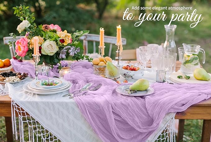 10 Pack Lavender Cheesecloth Table Runner 17x108 Inch Semi Sheer Boho Gauze Cheese Cloth Table Runners, for Wedding Bridal Shower Birthday Party Home Decor Garden Farmhouse