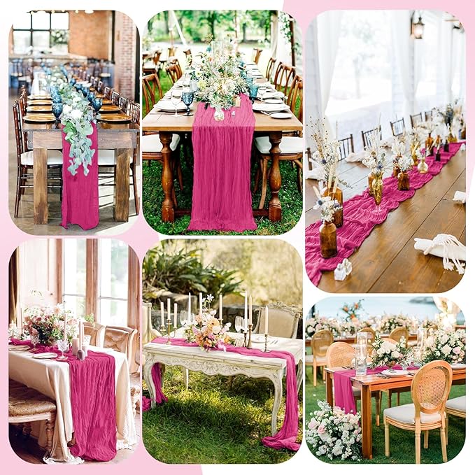 Pesonlook 12 Pack Hot Pink Rustic Boho Cheesecloth Table Runner, 10FT Long Semi Sheer, 21.5" W x 120" L, Polyester, Solid, Wedding/Birthday/Bridal Shower/Party Decorations