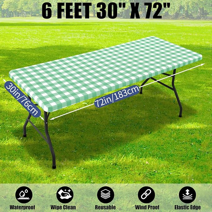 Smiry Picnic Table Cloth 4 Pack, Waterproof Elastic Fitted Tablecloths for 6FT Rectangle Tables, Washable Polyester Buffalo Plaid Tablecloth for Camping& Outdoor (Sage Green & White, 30" x 72")