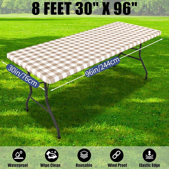 Smiry Picnic Table Cloth 4 Pack, Waterproof Elastic Fitted Tablecloths for 8FT Rectangle Tables, Washable Polyester Buffalo Plaid Tablecloth for Camping, Dining & Outdoor (Khaki & White, 30" x 96")