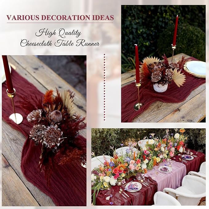 8 Pack 10Ft Cheesecloth Table Runner Burgundy, 20 x 120 Inch Rustic Gauze Boho Cheese Cloth Wedding Long Table Runner for Wedding Party Bridal Shower Decoration