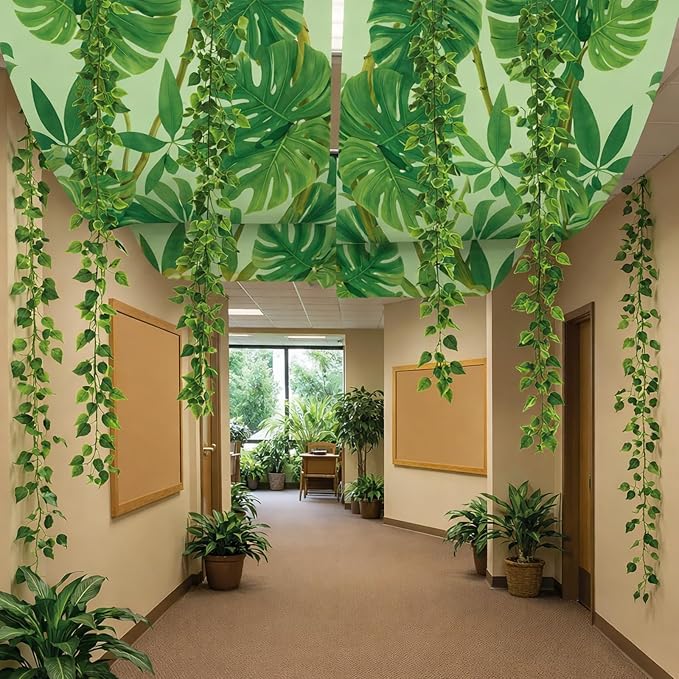 13 Pcs Rainforest Theme Ceiling Decor for 2026 Vbs 12x2 ft Palm Printed Fluorescent Light Cover 10 Artificial Vine Greenery Leaves for Classroom Hawaiian Jungle Luau Wedding Birthday Party Decorations