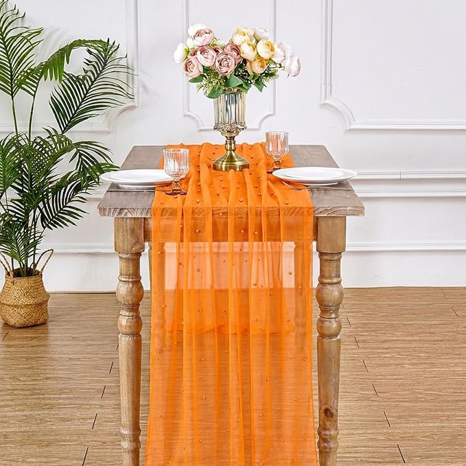 Gauze Pearl Table Runner Tulle Fabric: 10ft Seasonal Dessert Chiffon Pearl Lace Boho Overlay Wedding Veil Outdoor Wedding Aisle Runner Halloween Fall Party Decorations Doilies,Orange
