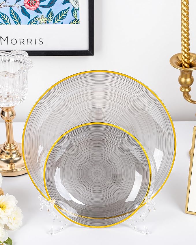 Morejoy 60Pcs Black Plastic Plates,Black Disposable Plates With Gold Rim,Heavy-duty Gold plate, Modern swirl design Plate Include 30 Dessert-plates,30Dinner-plates for Party,New Year