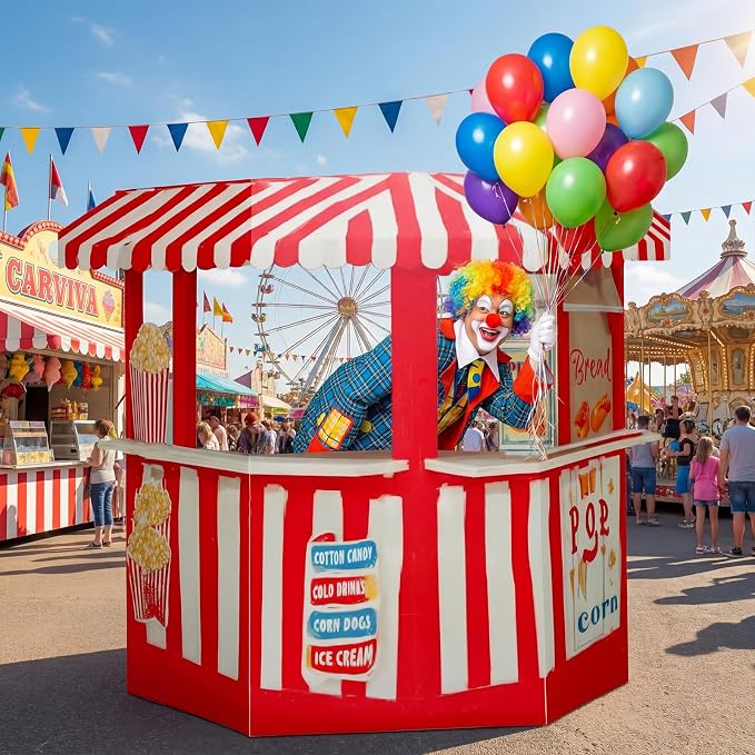Threehoney 7.6ft 3D Carnival Vendor Booth Cardboard Cutout Stand up Life Size Circus Theme Party Decorations Backdrop Photo Prop Popcorn Bar Stand up for Carnival Party Decoration Supply