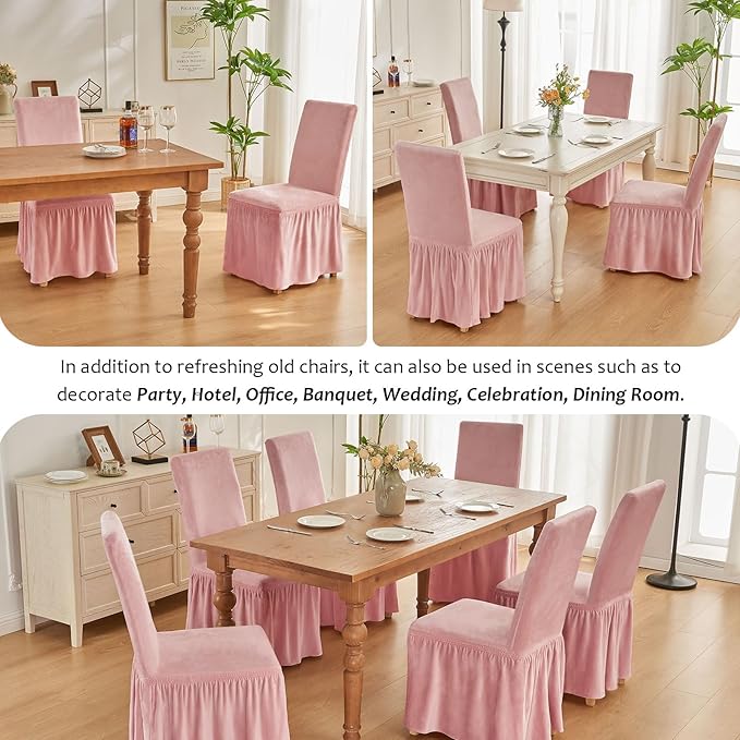 NICEEC Spandex Chair Covers for Dining Chairs Covers Set of 4 Removable Dining Room Chair Covers with Skirt Parson Chair Slipcovers Washable Chair Protector for Kitchen Wedding Banquet(Pink)