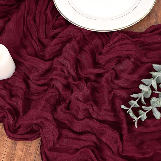 10 Pack Cheesecloth Table Runner Burgundy, Rustic Boho Gauze Fabric Table Runner Romantic Table Runner for Wedding, Festival, Birthday, Anniversary, Dinner and Outdoor Events (17.7 x 108 inch)