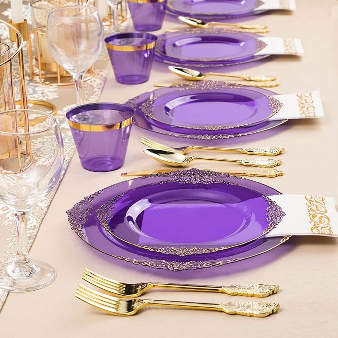 Bestluck 350PCS Clear Purple Plastic Plates for 50 Guests, Disposable Plates with Gold Trim include 50 Dinner Plates, 50 Dessert Plates, 150 Gold Silverware, 50 Cups, 50 Napkins for Party, Wedding