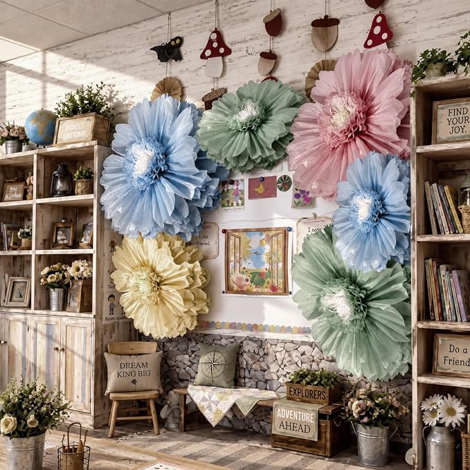 Giegxin 6 Pcs 31.5", 24" Boho Giant Paper Flower Morandi Back to School Bulletin Board Decoration Large Green Blue Classroom Tissue Flower for Wall DIY Nursery Photo Backdrop First Day of School Party