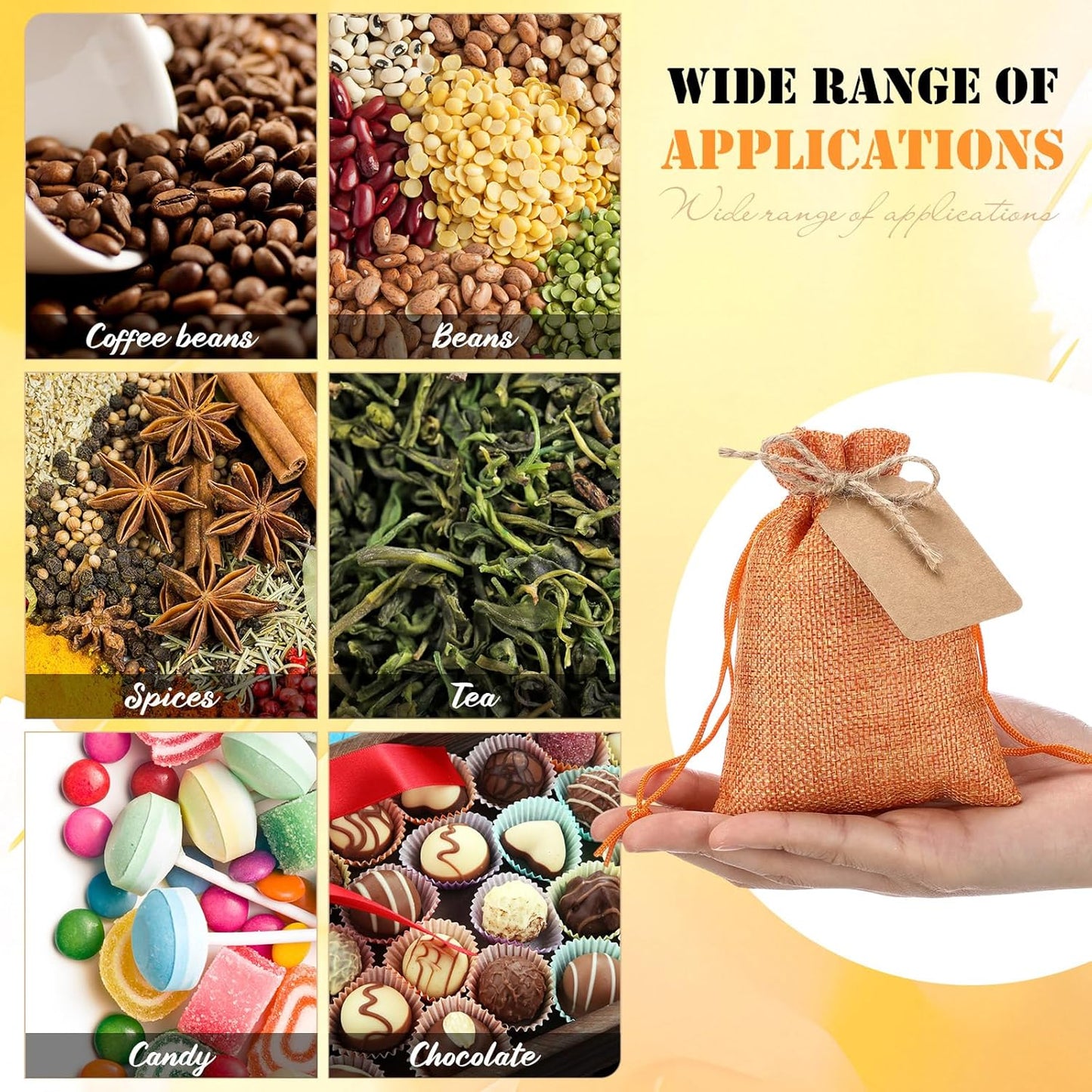 Woanger 100 Pcs Burlap Gift Bags with 100 Pcs Kraft Paper Gift Tags Drawstring Favor Bulk Burlap Sack Bags for DIY Wedding Party Craft(4 x 6 Inch,Natural Color, Dark Brown, Military Green, Orange)