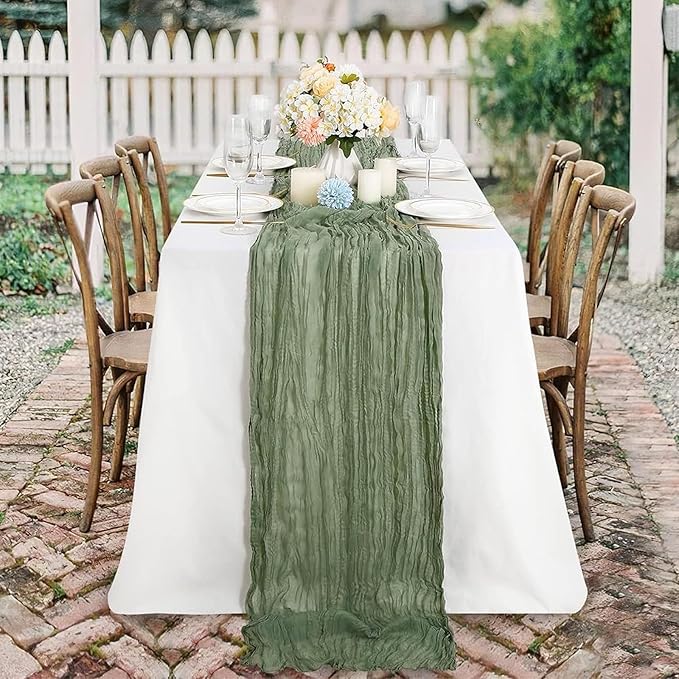 10 Pack Sage Green Cheesecloth Table Runner 17x108 Inch Semi Sheer Boho Rustic Gauze Cheese Cloth Table Runners for Wedding Party Birthday Baby Shower Home Décor