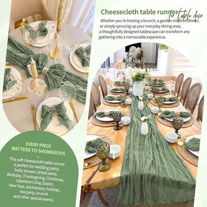 1 Pack Cheesecloth Table Runner 10FT Sage Green Table Runner Boho Gauze Cheese Cloth Table Runners Long Rustic Sheer Table Decorations for Wedding Party Baby Bridal Shower Birthday Holiday Home