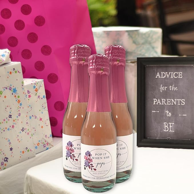 Pop It When She Pops Floral Purple Mini Champagne Bottle Label | 12 pk 2 x 3” Sticker Tags When She Arrives for Wine Bottles Baby Shower Gender Reveal