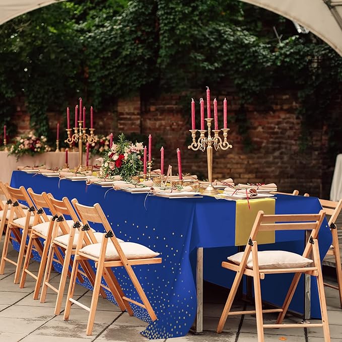 8Pack Disposable Plastic Tablecloths and Satin Table Runner Set Blue and Gold Dot Tablecloth Gold Satin Table Runner for Wedding Birthday Baby Shower Anniversary Christmas New Year Party Decorations