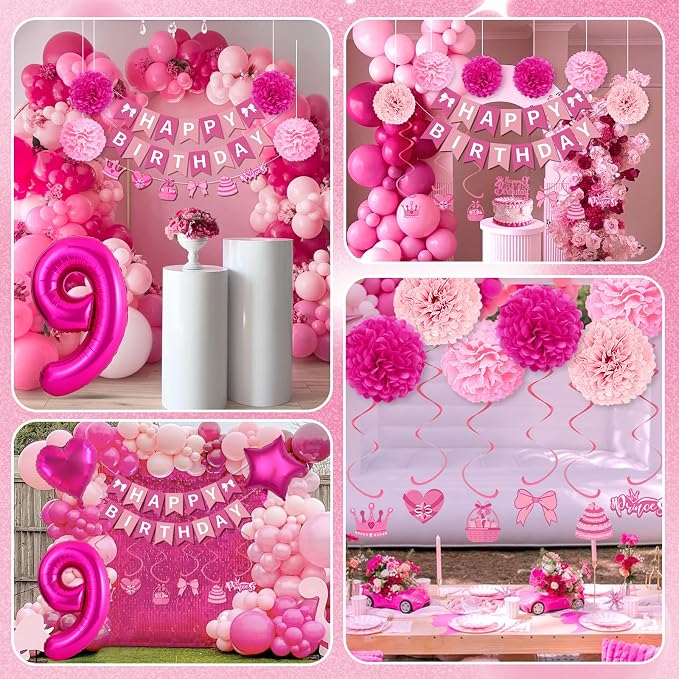 9th Birthday Decorations for Girls, Pink Party Decorations with Number 9 Balloon Happy Birthday Banner Bday Sash Crown Tablecloth Fringe Curtain Hanging Swirl for 9 Balloons for Bday Girl