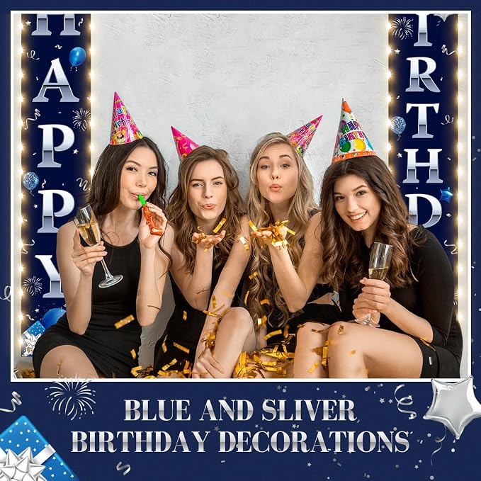 Breling Happy Birthday Banner with Lights 71 x 12 Inch LED Happy Birthday Decoration Door Banner Party Porch Sign Outdoor Indoor Hanging Supplies for Women Men(Blue Silver)