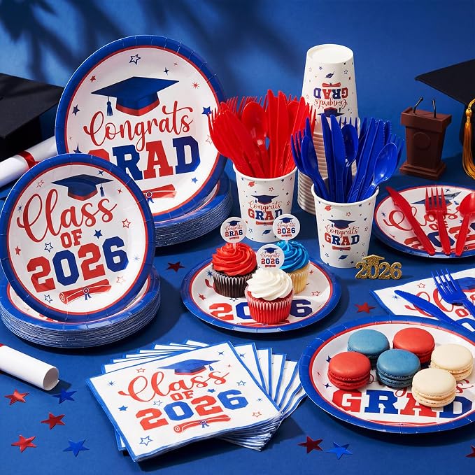 Funnymoom 400 Pcs Graduation Party Supplies Class of 2026 Graduation Paper Plate Napkin Cup Cutlery Congrats Grad Disposable Tableware Set for Grad Party Decorations, Serve 50 (Blue, Red)