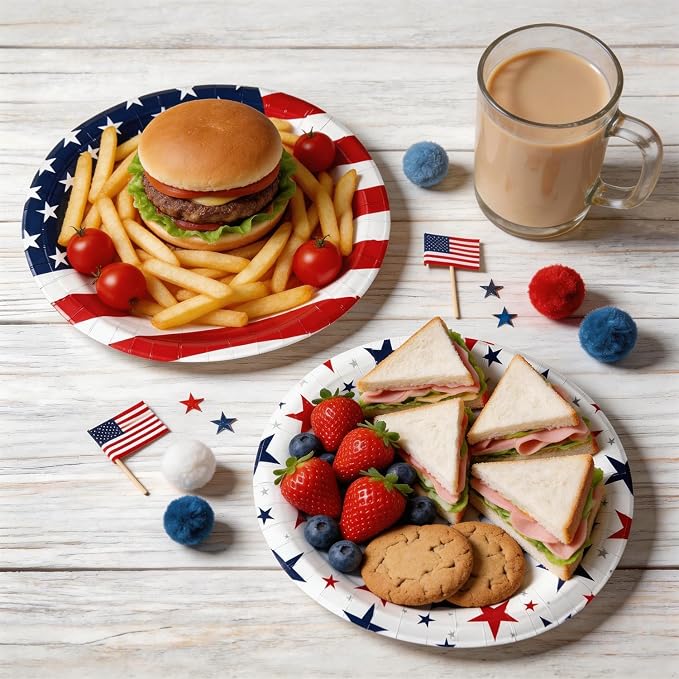 Patriotic Party Decoration Plates Set, 100Pcs 4th of July American Flag Red White Blue Disposable Paper Plates and Napkins Heavy Duty for Independence Day, Veterans Day, Election Day Party Supplies
