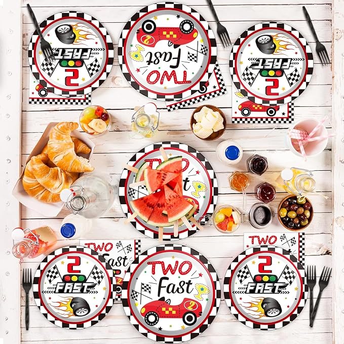 50 Guests Two Fast Birthday Plates and Napkins Party Supplies Racing Car Party Decorations Disposable Tableware Set Race Car Dinnerware Favors,200PCS