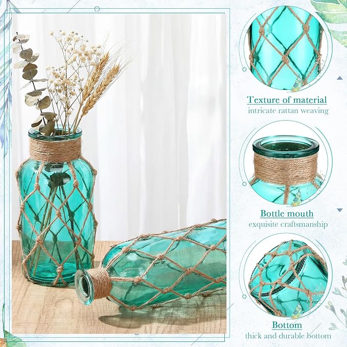 Chuangdi Set of 2 Coastal Glass Vases for Flowers TSITP Flower Vase with Boho Rope Small Sea Glass Jar Nautical Beach Bottle for Wedding Table Centerpieces Floral Arrangement Decor(Blue Green)
