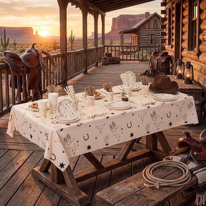 Vesici 452 Pcs Cowboy Party Supplies Tableware Set for 50 Guests Western Paper Plates Napkins Plastic Tablecloth Cups Cutlery Straws Wild West Rodeo Theme Birthday Baby Shower Bachelorette Party Decor