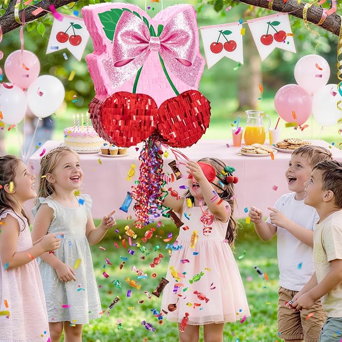 WERNNSAI Cherry Piñata - Pink Bow Party Decorations Cherry Bow piñata with Blindfold and Stick for Girls Coquette Birthday Decorations Princess Bridal Shower Bachelorette Wedding Supplies