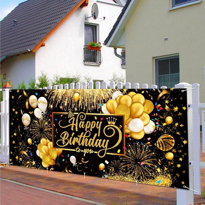 Happy Birthday Garage Door Banner Cover 7x16FT Waterproof –Luxury Black Gold Fireworks & Balloons Backdrop with Crown Design,Indoor Outdoor Decor for Birthday Party,Anniversary, Photo Booth