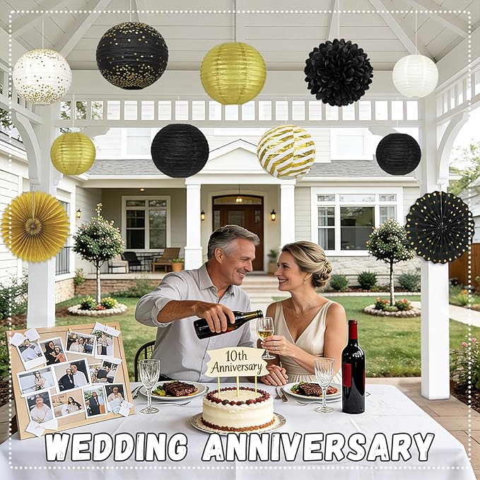 Black and Gold Party Decorations - 14Pcs Hanging Paper Lanterns Fans for Prom Decorations 2026, Graduation Party, Great Gatsby Theme, Men Women 40th 50th 60th Birthday Party Supplies