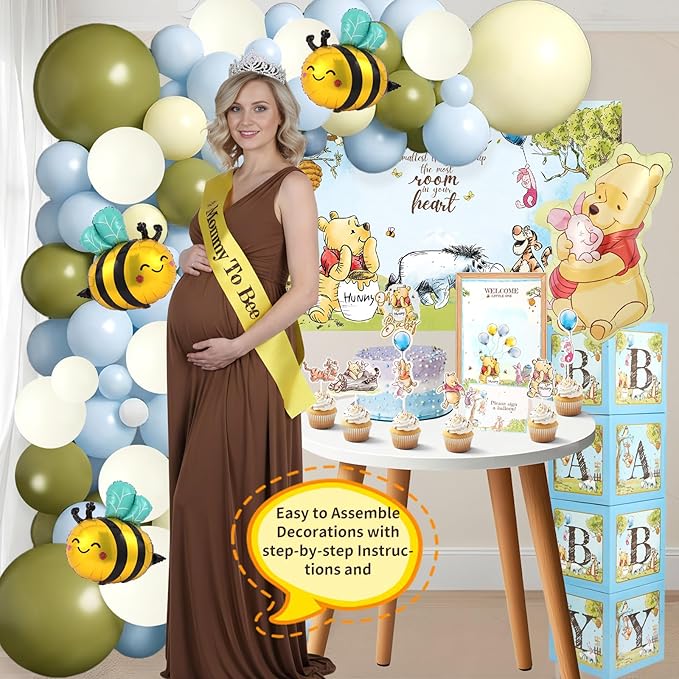 271 Pc Classic Winnie Baby Shower Decorations for Boy – All-In-1 Blue Pooh Baby Shower Balloon Arch, Vintage Pooh Bear Theme Party Decoration Kit with Backdrop, Banners, Baby Boxes, Sash & Table Décor
