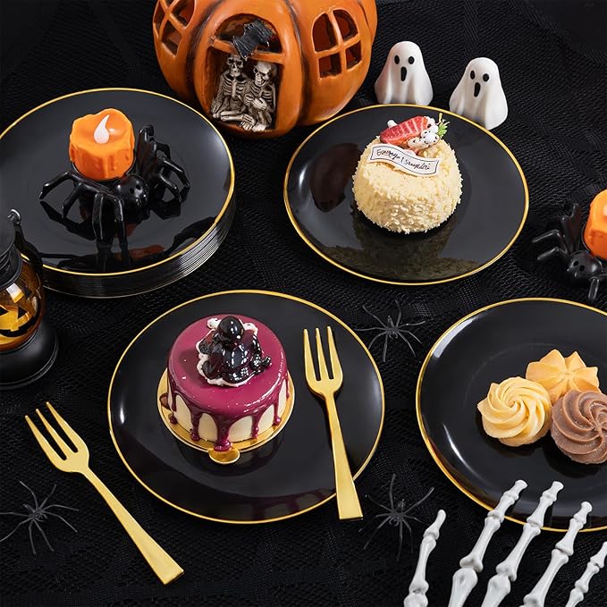 Festiva 200Pcs Black Gold Dessert Plates 6.3" with Plastic Forks 5"- Small Disposable Plates- Dessert/Cake/Appetizer Plastic Plates include 100Plates 100Forks for Tea Party & Birthday