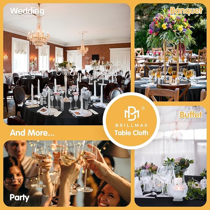 BRILLMAX 6 Pack Black Round Tablecloths 120 Inch for 60” Tables - 150 GSM Polyester Fabric, Floor Length Drop, Water, Stain & Wrinkle Resistant Cloth Cover for Wedding Reception Banquet Dining