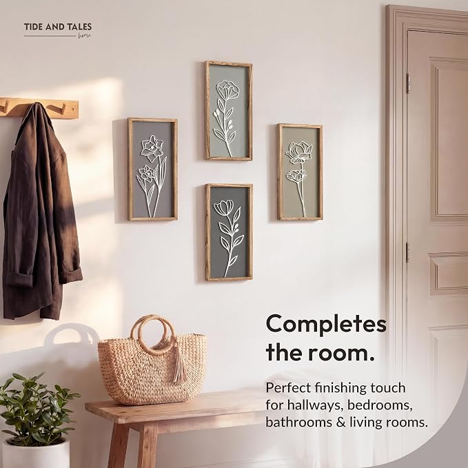 3D Wooden Floral Bathroom Wall Decor (Set of 4) Lightweight, Ready-to-Hang Framed Wall Art For Living Room, Bedroom, or Office - Premium Boho Botanical Farmhouse Decorations - Gift-Boxed