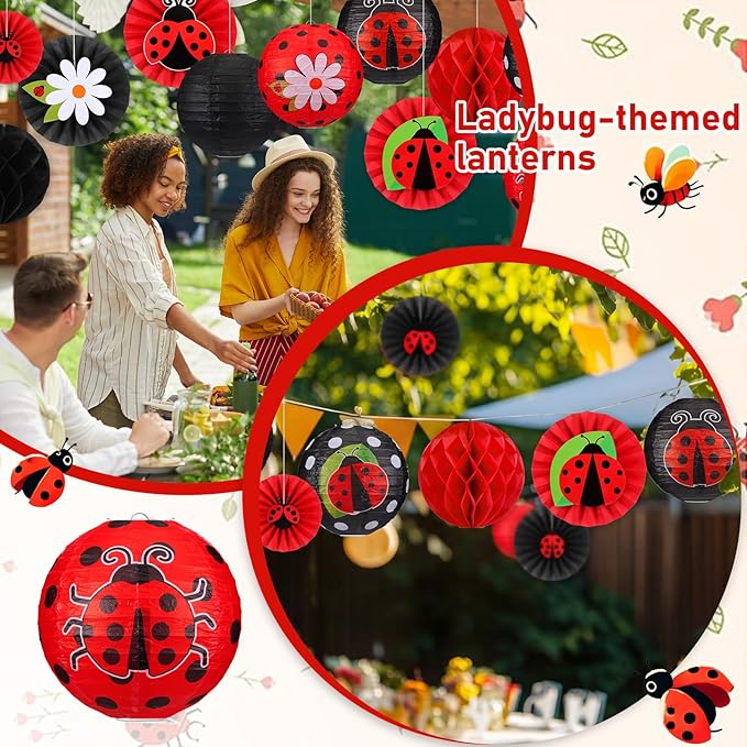 Retisee 18 Pcs Ladybug Party Decorations Kit Red Black Polka Dot Ladybug Flower Paper Lanterns Hanging Decoration Red Black Paper Fans Hanging Honeycomb Ball for Lady-Bug Birthday Party Supplies