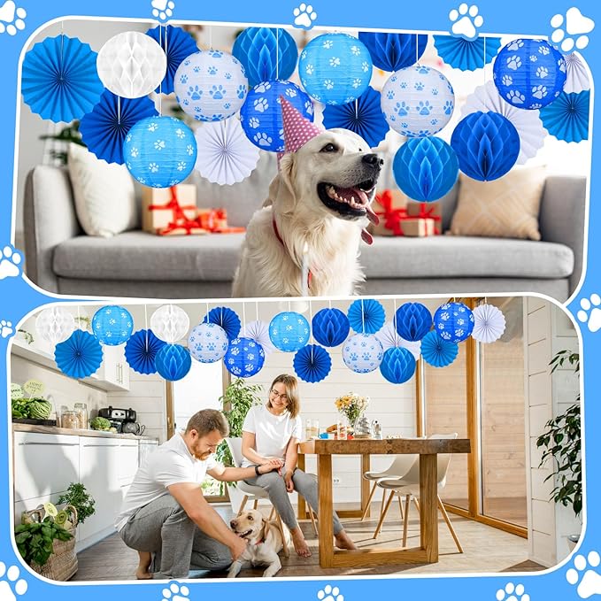 Retisee 18 Pcs Dog Paw Party Decoration Paw Print Hanging Paper Lantern Classroom Honeycomb Fans Honeycomb Ball for Dog Theme Party Ceiling Decor Supplies