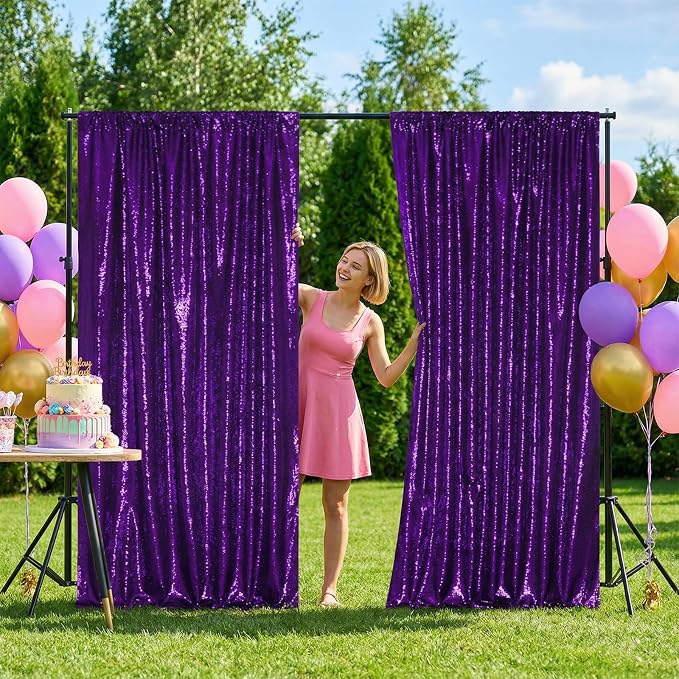 SquarePie 2 PCS 4x10ft Purple Sequin Backdrop for Photography, Extra Long Satin-Backed Real Sequin Curtain, High-Density Shimmering Background with 4" Rod Pocket for Wedding Ceremony, 2 Panels
