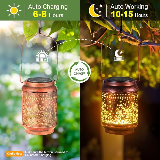 KOOPER Solar Lanterns Outdoor Waterproof Birthday Gifts for Women Mon Grandma, 2 Pack Brighter Hummingbird Hanging Solar Lantern Lights Outdoor, Metal Outdoor Decoration for Yard (Butterfly and Rose)