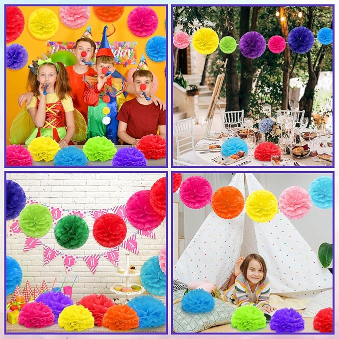 Yeaqee 30 Pcs Multicolor Large Tissue Paper Pom Poms Decorations 14''/ 12''/ 10'' Tissue Paper Flowers Large Hanging Rainbow Wall Decor for Fiesta Birthday Party Baby Shower Wedding Celebration