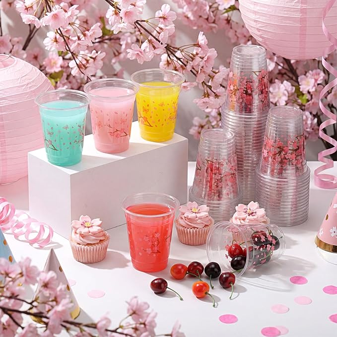 Funnymoom 60 Pack Cherry Blossom Plastic Cups 12 oz Pink Cherry Blossom Disposable Clear Plastic Drinking Cups for Spring Baby Shower Birthday Wedding Holiday Party Decorations Favors Supplies