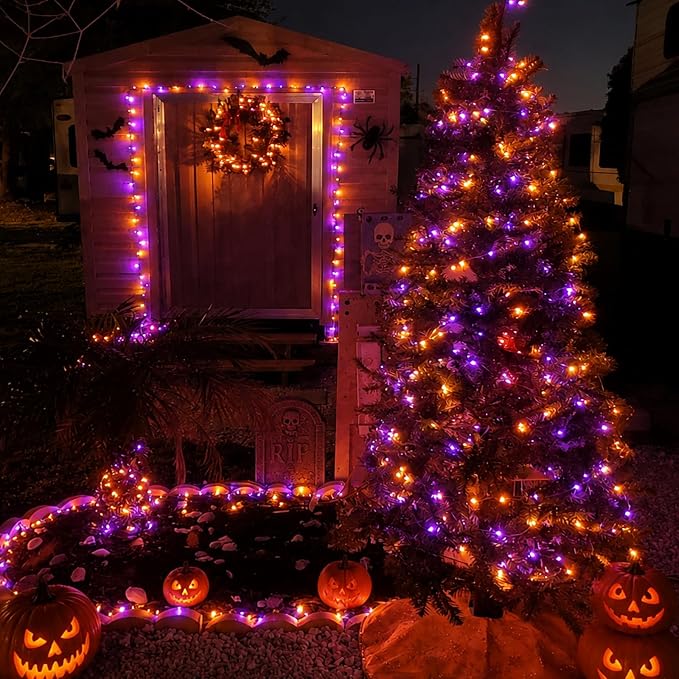 QITONG 4 Pack Solar Halloween Lights, Each 33ft 100 LED Orange and Purple Fairy Lights Outdoor Waterproof, 8 Modes Copper Wire Solar String Lights
