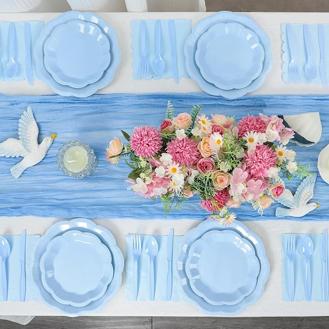 NatNarr 350 Pcs Light Blue Paper Plates and Napkins Set Include 9" Dinner Plates, 7" Dessert Plate Disposable Scalloped Tableware Serve 50 Guest for Wedding Boy Baby Shower Bridal Shower Birthday