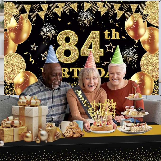 84th Birthday Decorations Men Women with 84th Birthday Banner, Black and Gold Table Cloth, Number Balloons, Large Sash, Cake Topper and Candles